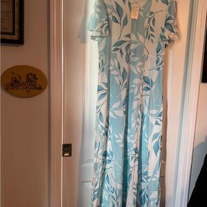 Blue and White Leaf Print Maxi Dress
